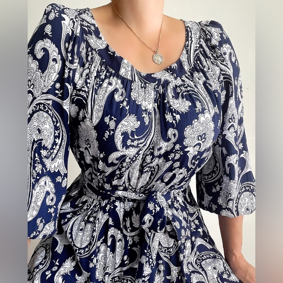 Fantastic Talbots Blue White Bohemian Dress High Low - Picture 4 of 8